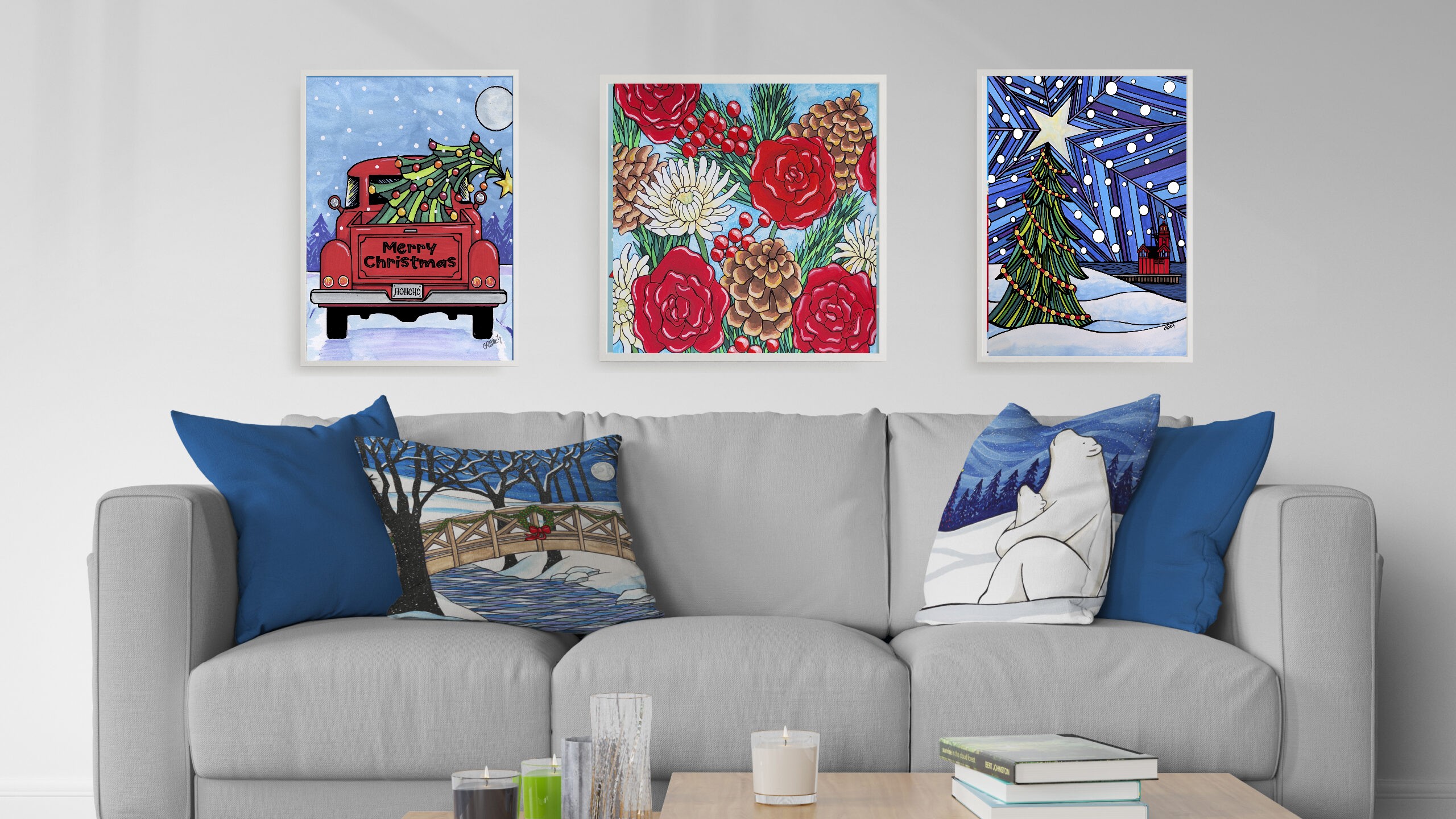 living room mockup with fall themed prints and pillows