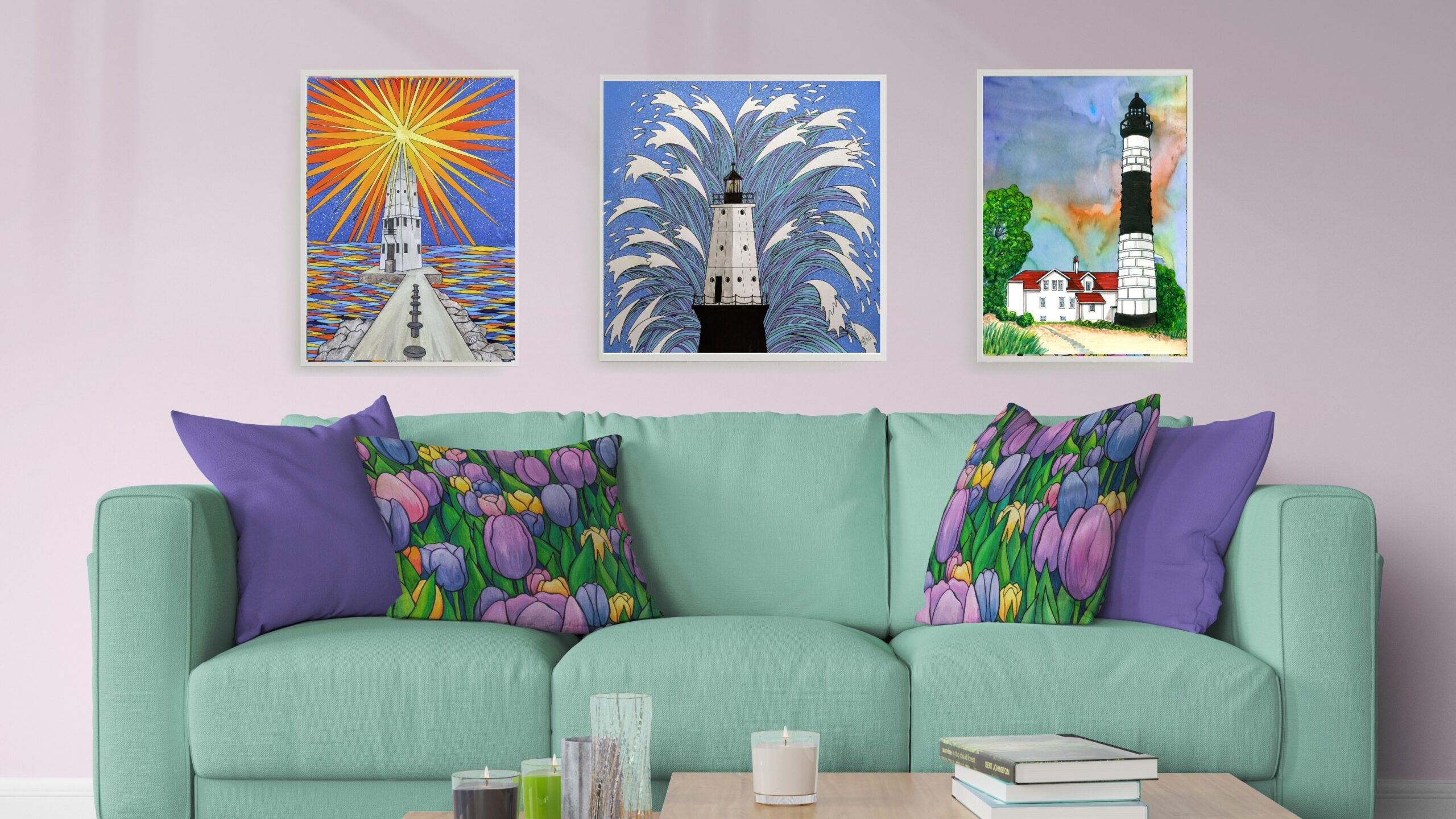 living room mockup with fall themed prints and pillows